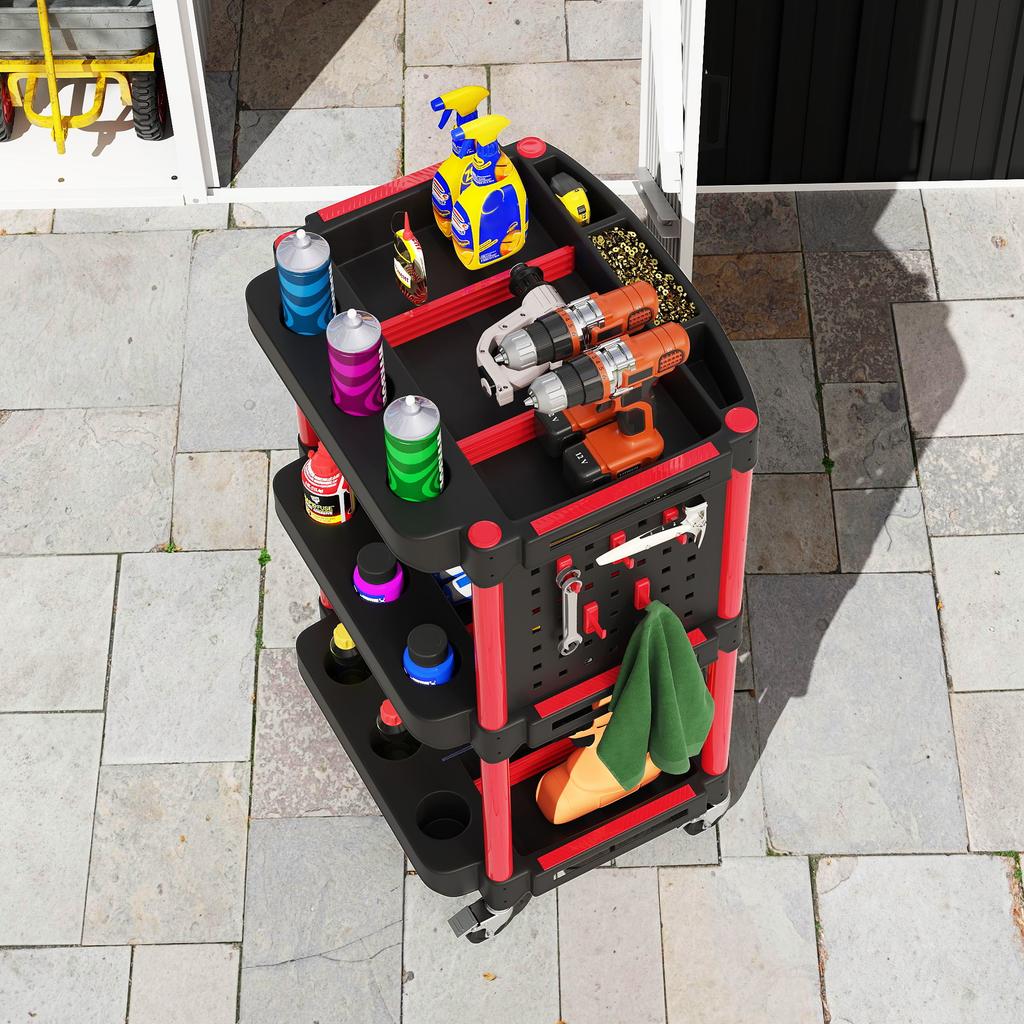Tool Trolley. Three-tier Shelves. 4 Wheels. Plastic. 10 Hooks. Red
