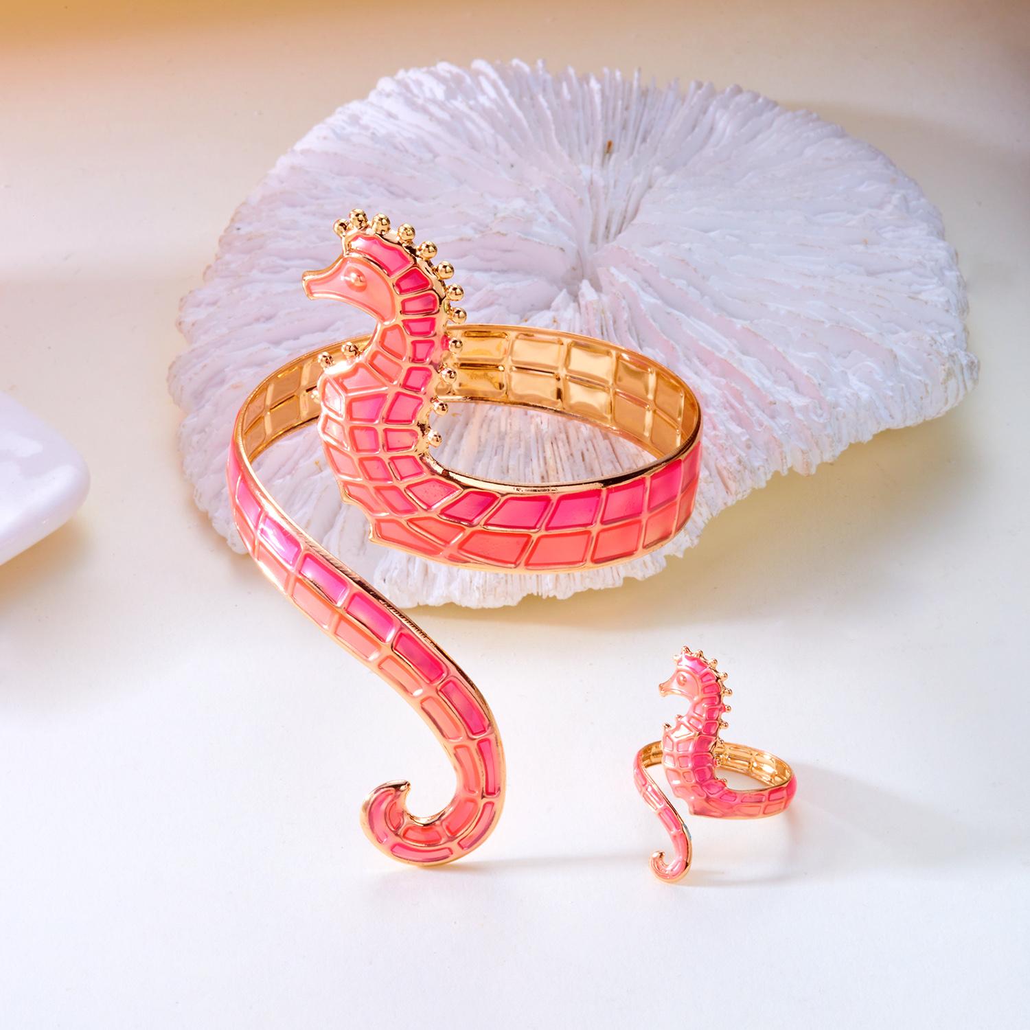 

Fashion Hippocampus Jewelry Set for Women Gothic Punk Deep Sea Seahorse Open Wide Adjustable Cuff Bracelets Ring Party Gifts