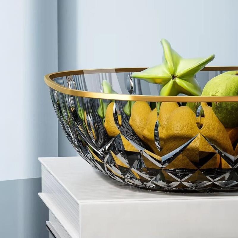 Gold Rim Crystal Fruit Bowl Diamond Cut Texture Shatter Resistant Food Safe Dish for Wedding Party Home Decor Use