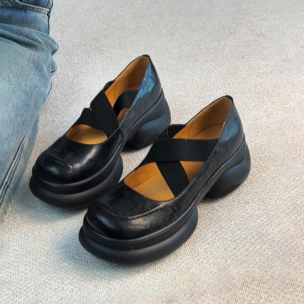 Sheepskin Version~ Thick-soled Inner Height Increase College Mary Jane Shoes Women's One-pedal New Small Leather Shoes Thick Heel Shallow Mouth Singl