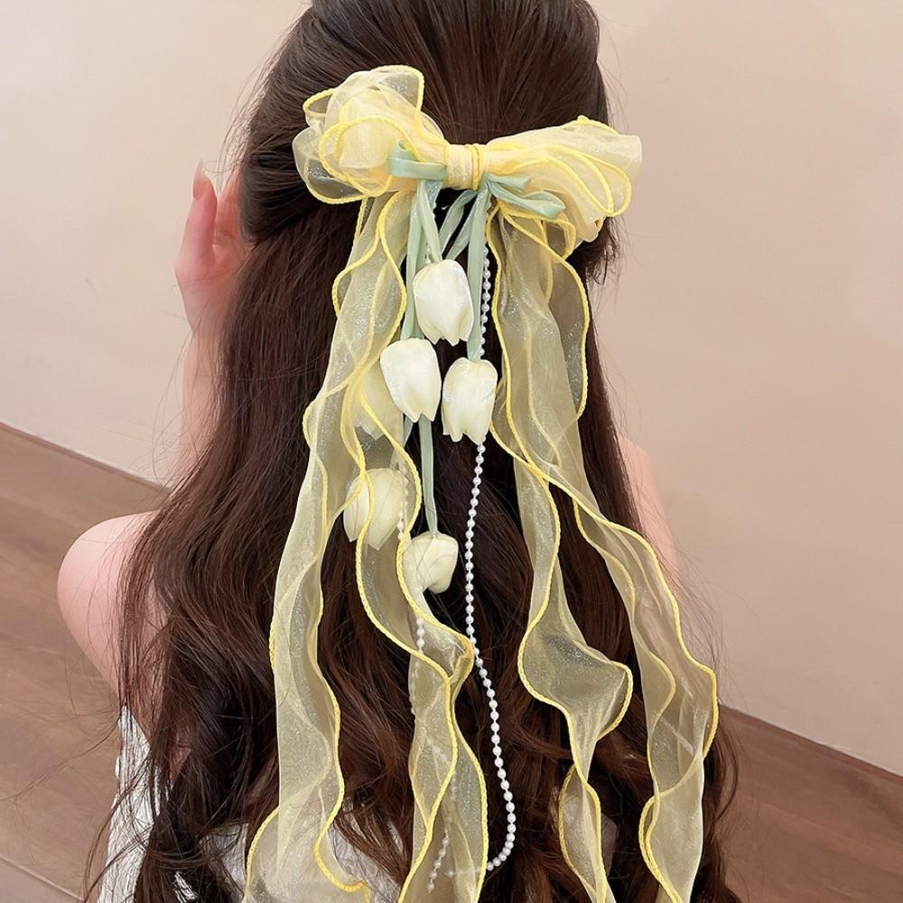 Pendant Tassel Muguet Flower Hairpin Mesh Ribbon Organza Bowknot Barrette  Bridesmaids