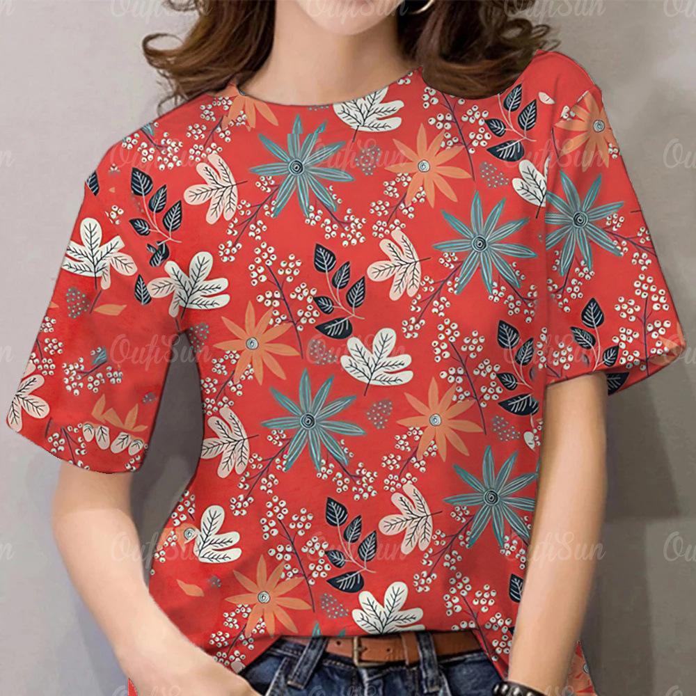Women's Round Neck Short Sleeved T-shirt, Summer 3D Floral Printed T-shirt, Loose and Versatile Women's Casual Top