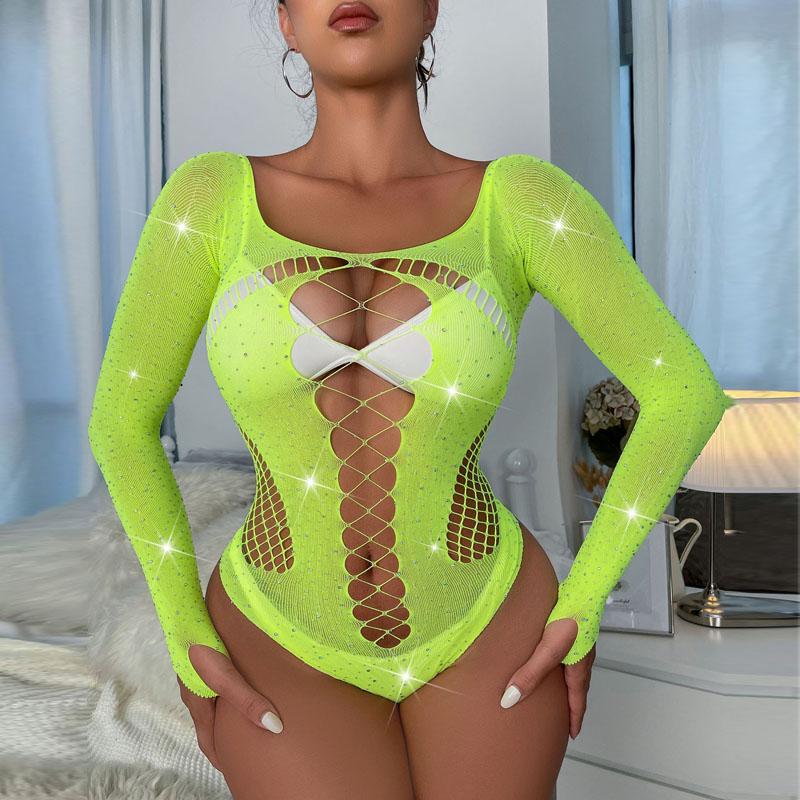 Женское сетчатое нижнее белье со стразами, боди с длинными рукавами, сетчатые боди, сексуальное нижнее белье, ажурные боди One size