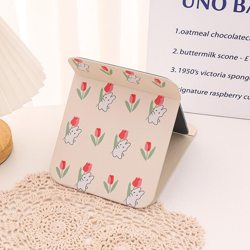 Tisch-Make-up-Spiegel Floral PU-Leder Schlicht Tragbar Handspiegel Faltbar Studenten Kompakt Niedlich Taschenspiegel