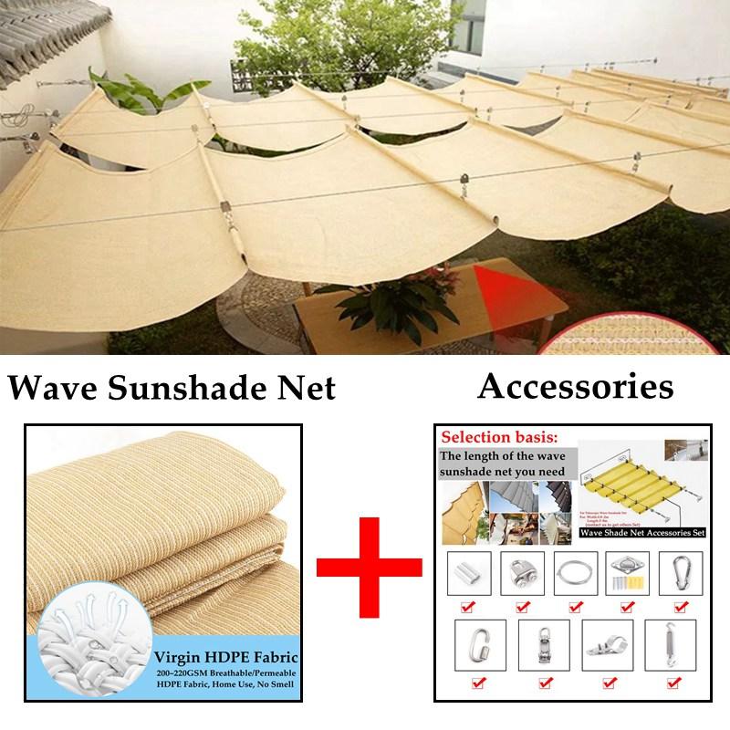 

HDPE Anti-UV Beige Telescopic Wave Sun Shade Net Courtyard Pavilion Awning Home Terrace Sun Canopy Swimming Pool Sunshade Sails 0.8x3m