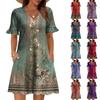 Damen A-Linie Sommerkleid Kurzarm V-Ausschnitt Bedrucktes Kleid Mit Taschen