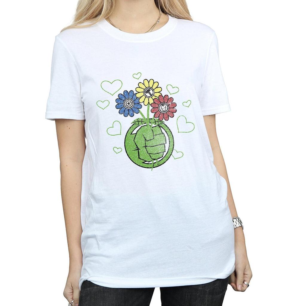 Marvel Camiseta de Algodão Estilo Boyfriend Hulk Flor Punho Feminina