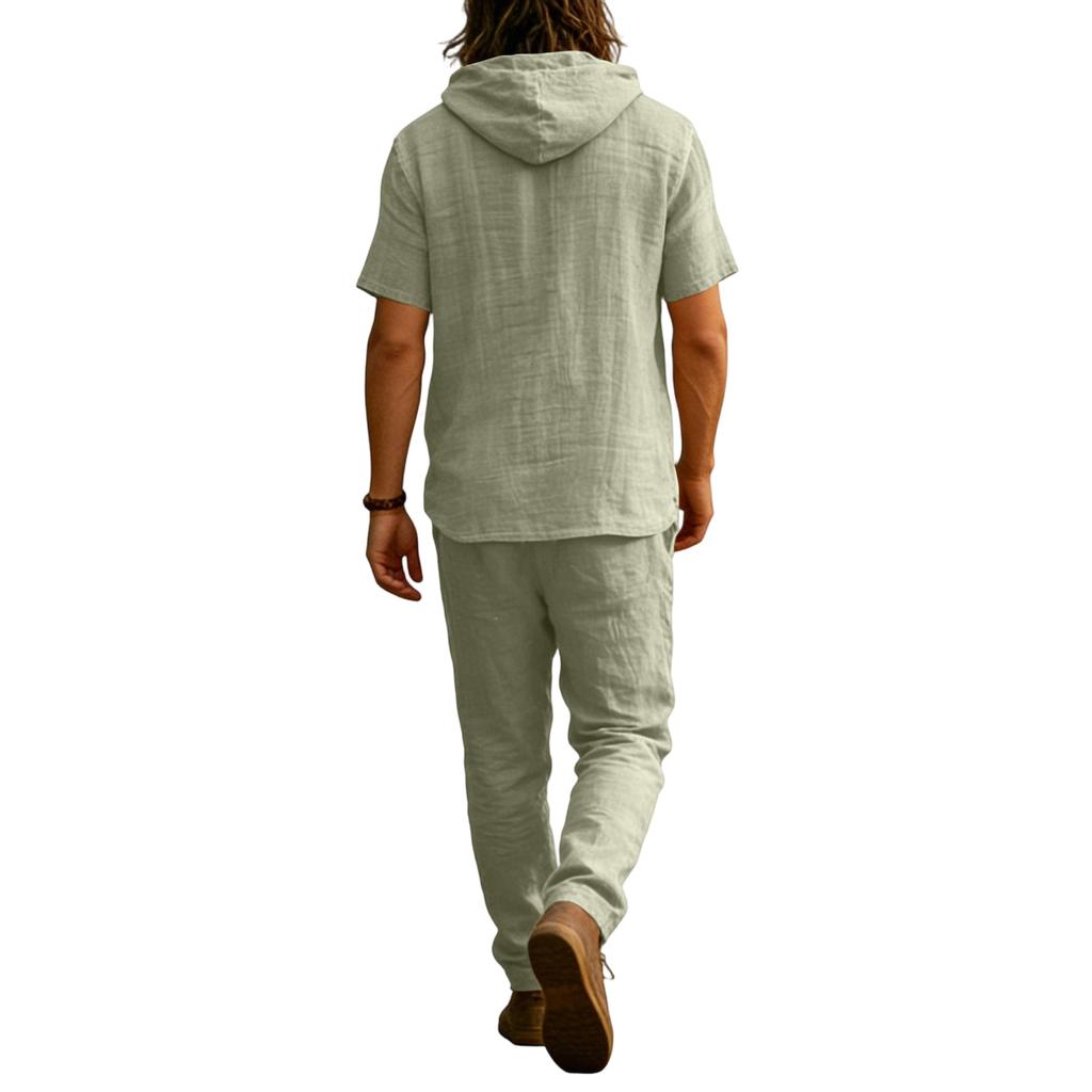 Men's Linen Casual Set , Button  Shirt Elastic Waist Drawstring Loose,Fit Pants Comfortable Two,Piece Set