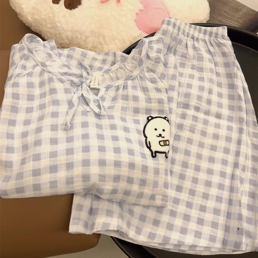 

Japanese sweet blue plaid self-deprecating bear pajamas women s summer crew neck short-sleeved shorts two-piece loungewear S