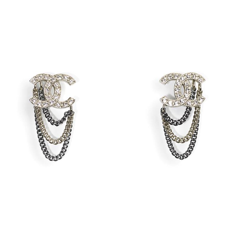 

CHANEL Double C black gold two-color chain metal and rhinestone earrings for women срібний