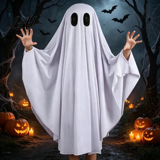 Costume Fantasma per Travestimento di Halloween per Bambini Adulti Cosplay Vestito Mantello Adulto Mantello Bianco Spettrale con Fori Neri per gli Occhi Tuta Facile da Indossare