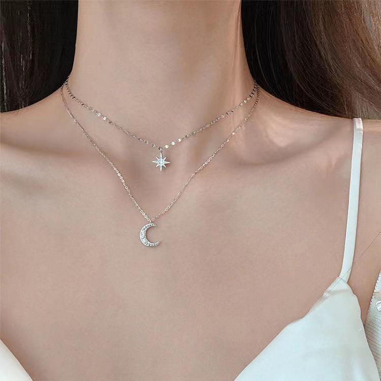 Korean Silver Diamond Star & Moon Double-Layer Necklace – Light Luxury, Unique Niche Design