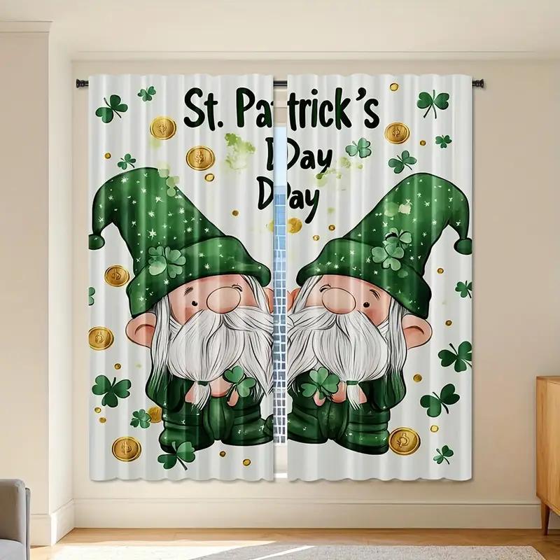2pcs Whimsical St. Patrick's Day Gnome Printed Curtains, Designed for Light Filtering, Quality Material, Ideal for Holiday-Theme
