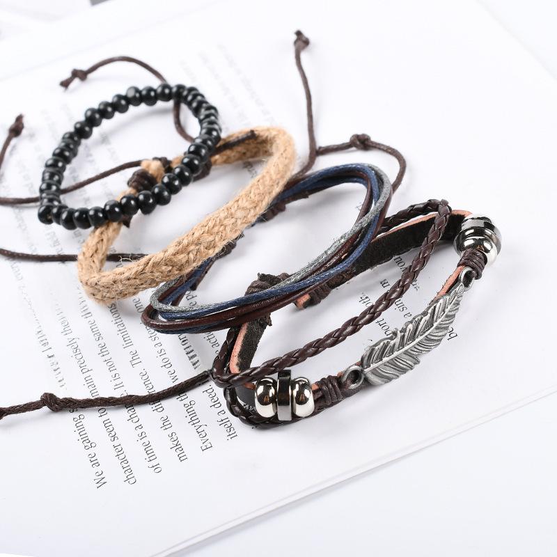 Vintage Multi-Layer Wax Rope Bracelet with Metal Leaf Charm
