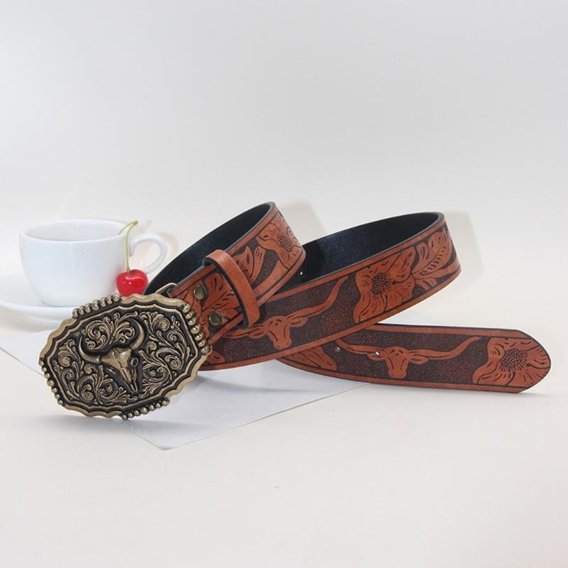 Embossed Pattern Wasitband Adjustable Belt For Daily Use And Outdoor Activity with Metal Bull Head Buckles for Men Women