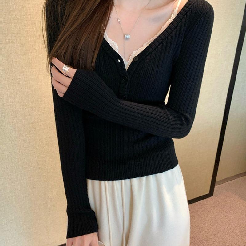 

Женский свитер, зимняя базовая рубашка из чистого кружева, вязаный топ с воротником в технике пэчворк, новый One size fits all [recommended 80-60kg] чёрный