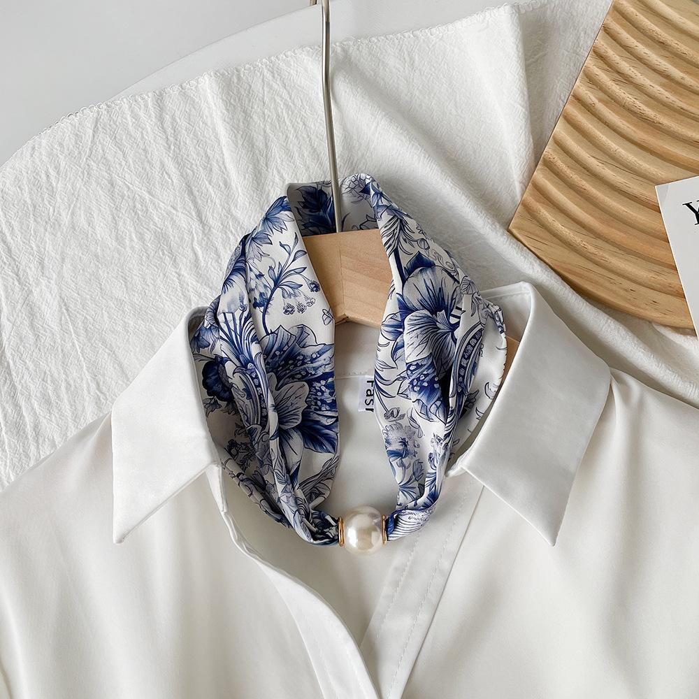 1116 Spring and Summer New Silk Scarf Women's Niche High-end Pearl Magnetic Buckle Necklace Foreign-style Wear Printed Small Scarf