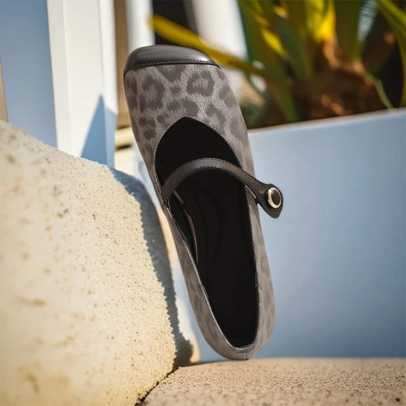 French square head flat bottom shallow mouth single shoes  spring and autumn new low-heeled leopard print one-word belt buckle  shoes