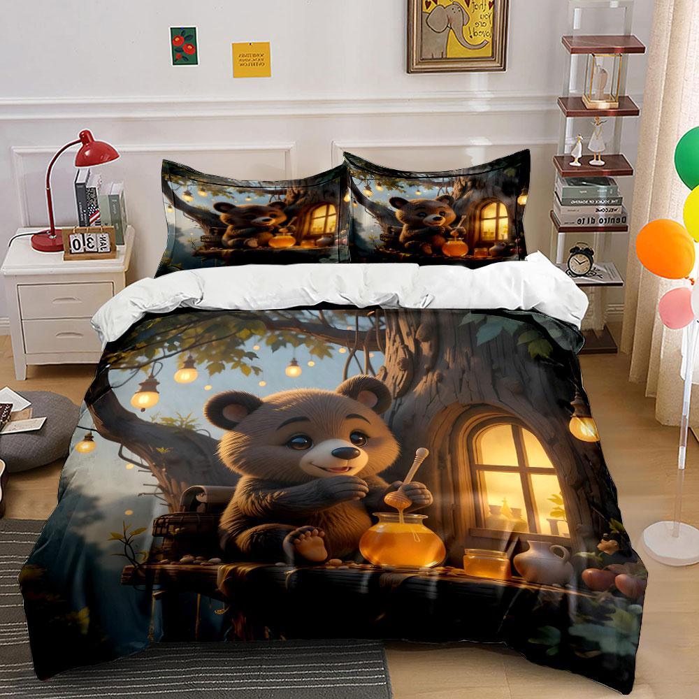Bear-Themed Honey Cozy Set Soft Skin-Friendly Bedding Set Includes 1 Duvet Cover And 2 Pillowcase Gift