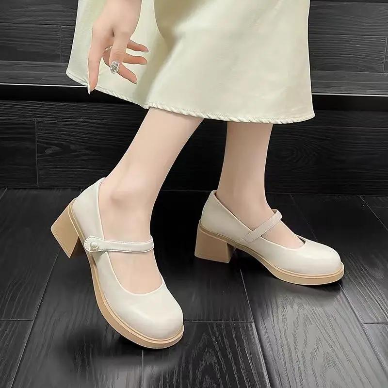 Fashion Round Toe Ladies Pumps Block Heel Gothic Chunky Heels Women's Shoes with Medium Mary Jane Japanese Style Lolita on Sale Slip 39