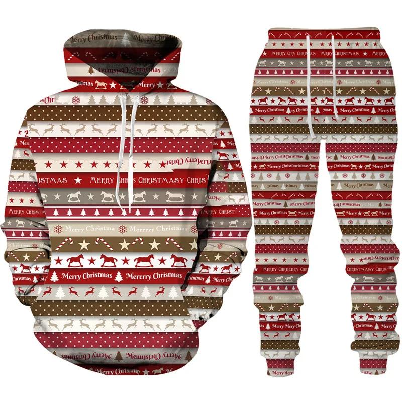 Autumn Winter Men Merry Christmas Hoodie Set Cartoon Santa Claus Clothing Male Fashion Hooded Coat Pullover Casual Streetwear