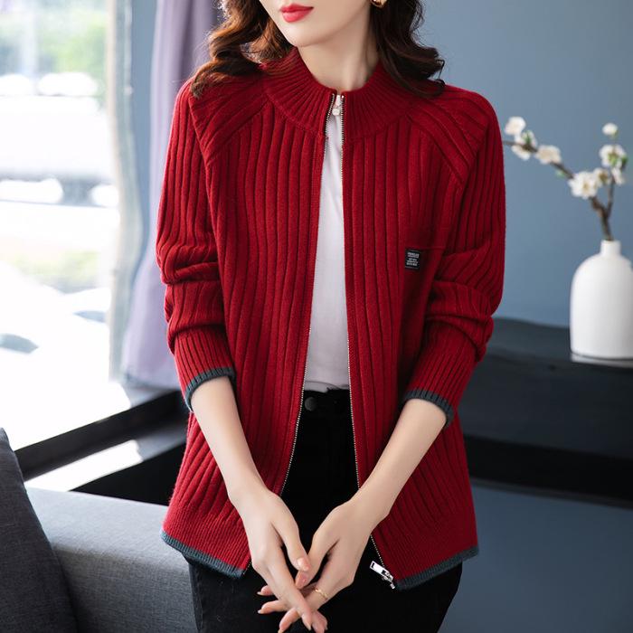 

Красный вязаный кардиган большого размера 2023: Женская мода весна и осень XXL красный