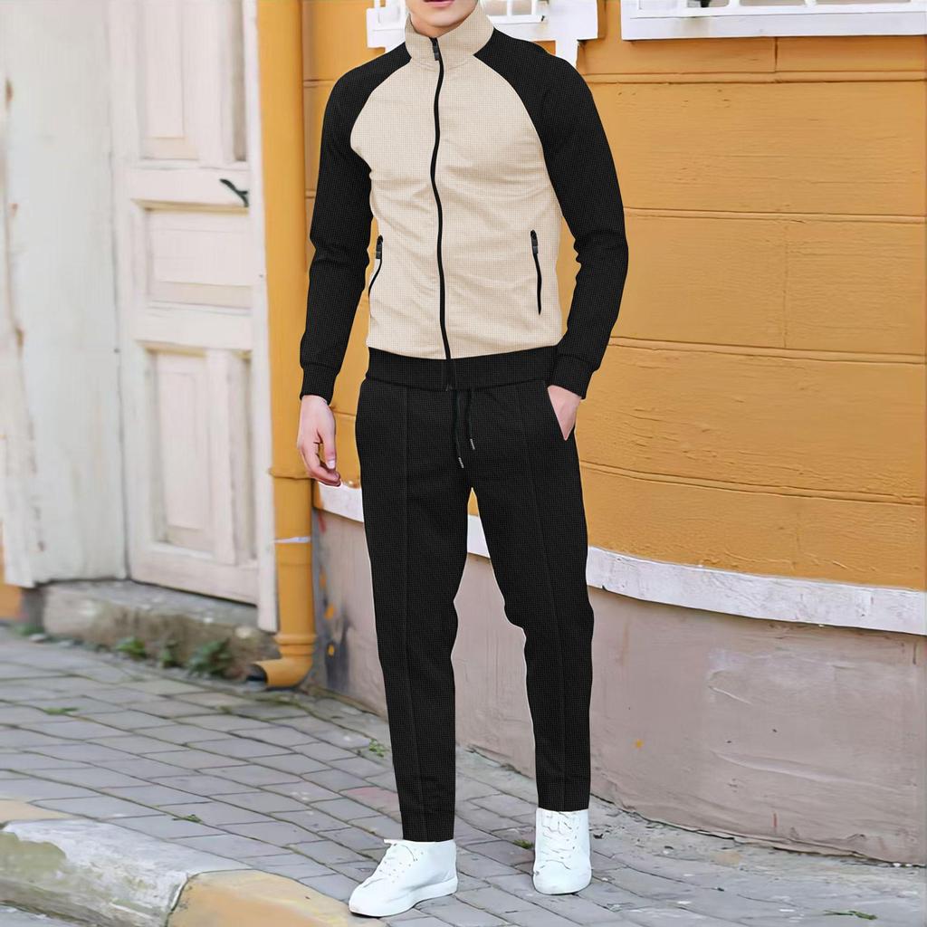 Men's Color Block Waffle Jacket and Sportswear Set - Autumn/Winter Collection