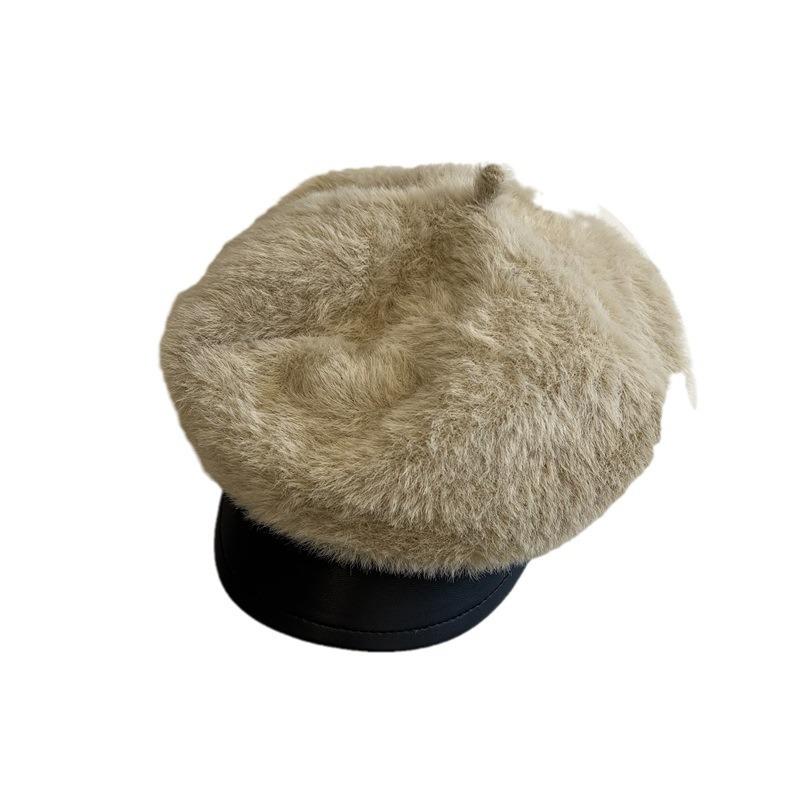 Imitation Mink Leather Brim Newsboy Hat Women's Autumn and Winter New Literary and Retro Fashion Duck Tongue Painter Hat