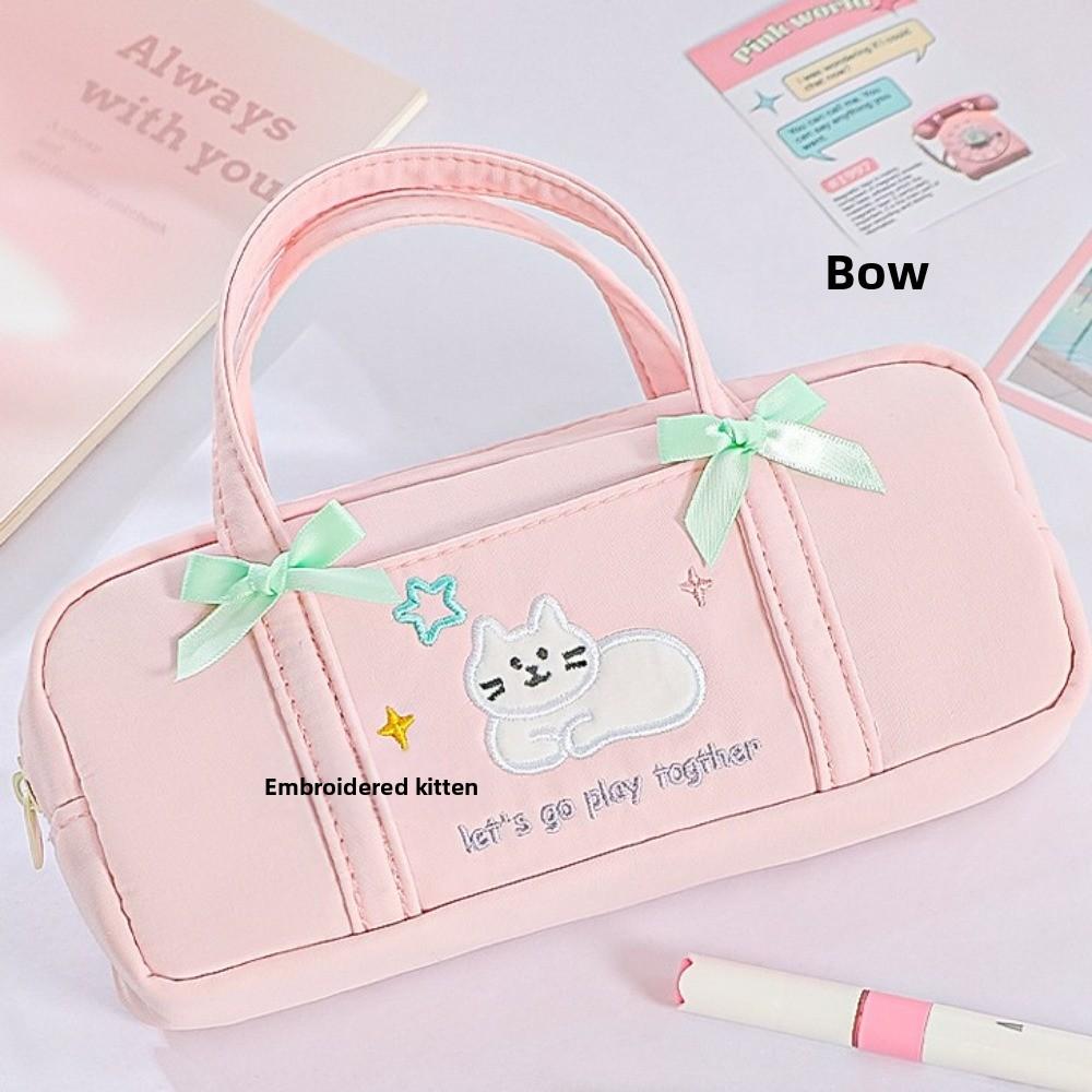 Large Capacity Korean Stationery Bag Embroidery Handheld Pencil Bag Cat Pen Storage Bag Children