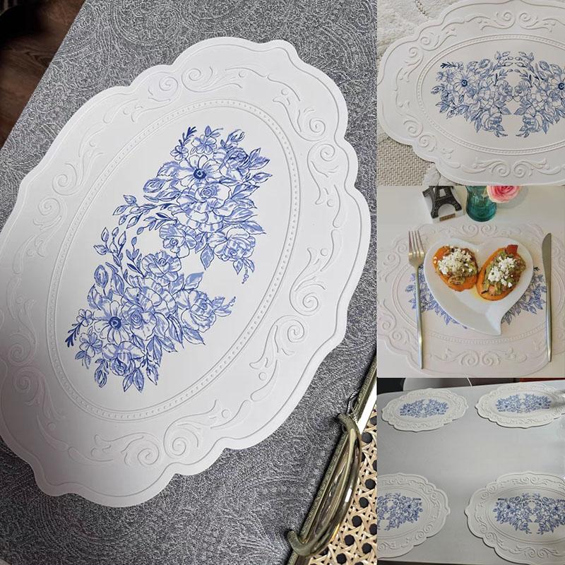 Silicone Oval Round Placemat Flower Embossed Large Lace Tablemat Non-Slip Korea Platter Mat Dining Dinner Tableware Cup Coasters
