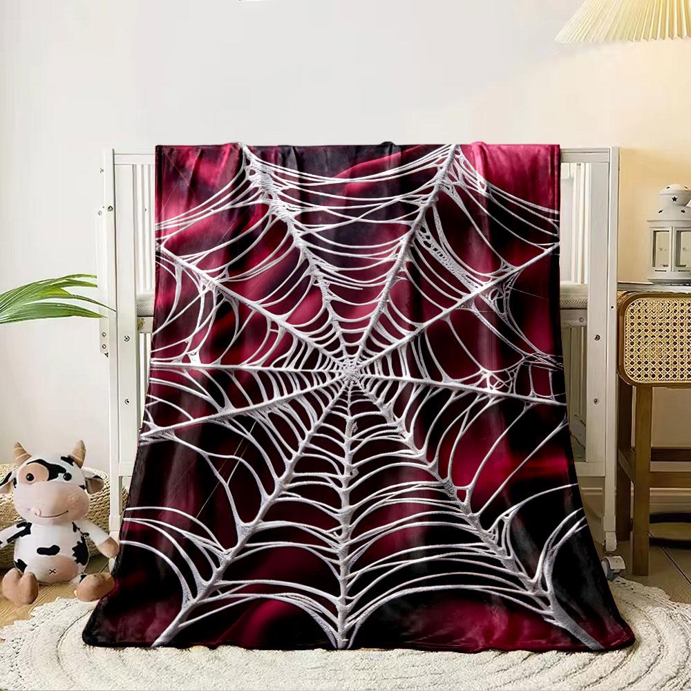 Intricate white spiderweb structure on a dark red silky background. for all seasons blanket lunch break throw gift 80cm x 120cm