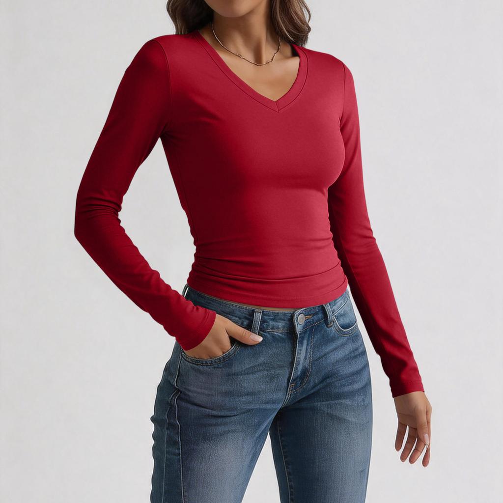 Women's Slim Fit V Neck Long Sleeve T Shirt Stretchy Milk Silk Fabric Soft Texture Basic Layering Top