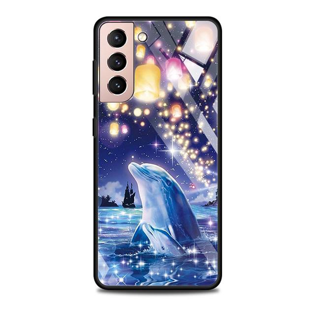 Blue Sea Animal Cute Dolphin Glass Case For Samsung Galaxy S21 S20 Ultra S10 Plus Lite S20fe 5g S10e S9 S8 Bumper Cover Funda
