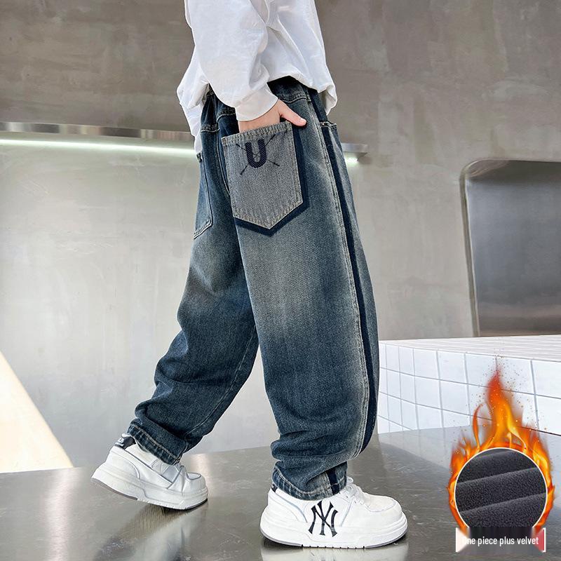 

Джинсы на флисовой подкладке для мальчиков Весна-Осень 2025 - Повседневные длинные брюки для детей 140 cm