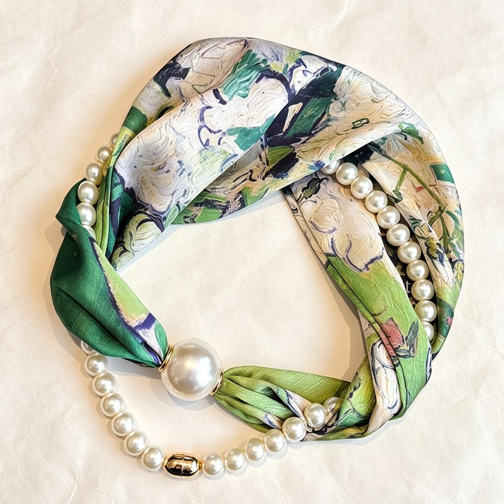 Premium magnetic buckle pearl silk scarf necklace retro flower small scarf Internet celebrities free small scarf