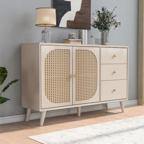 TV Desk Spacious Countertop with 3 Drawers 2 Doors Hutch Cabinet Ergonomic Handle Living Room Home Sideboard Dining Furniture Kitchen