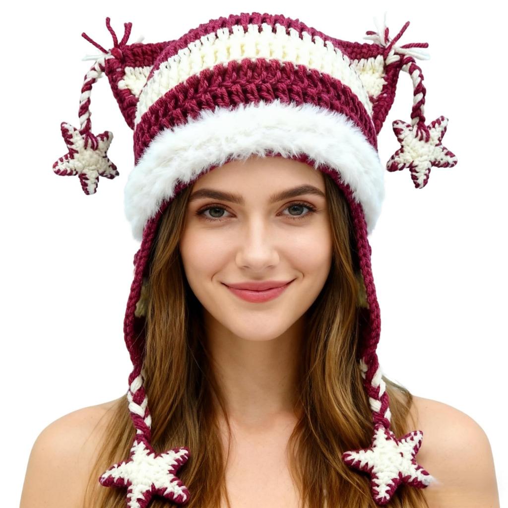 Women's Hand-Knitted Star Striped -Ear Braid Hat With Ear Protectioned, Fashionable And Versatile Cap