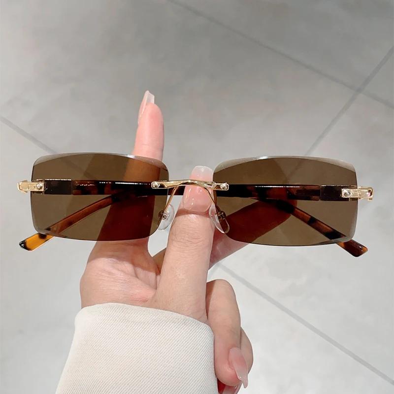 Rimless Rectangle Sunglasses Men New Fashion Vintage Casual Shades Women Trendy Retro Luxury Brand Design Sun Glasses
