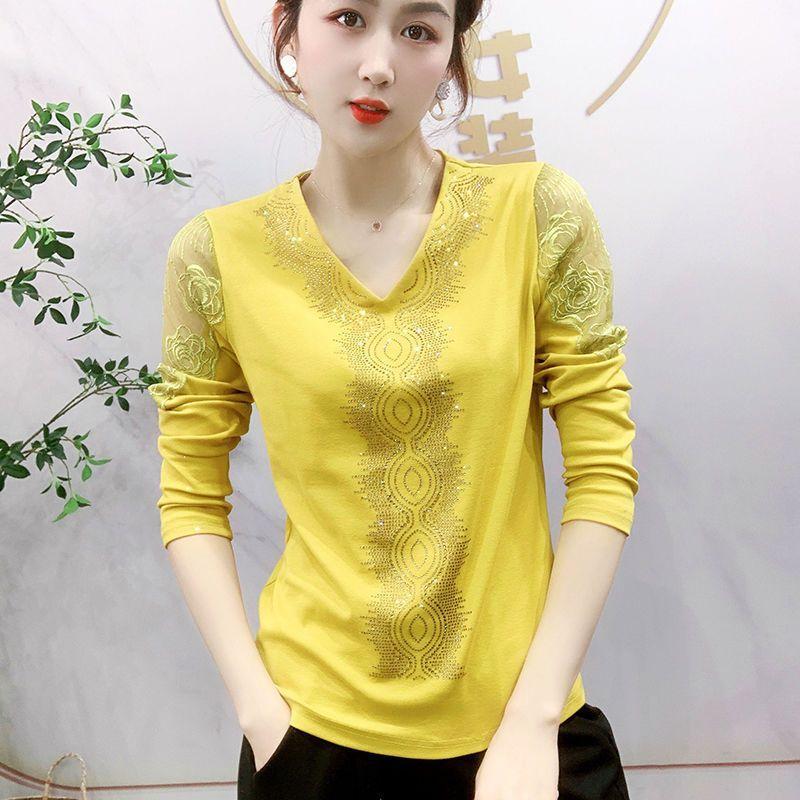 HI-FASHION Gâtul în V Tifon îmbinat cu diamante Topuri de culoare solidă Navetă ocazional Tricou subțire cu mânecă lungă Pulover Îmbrăcăminte pentru femei