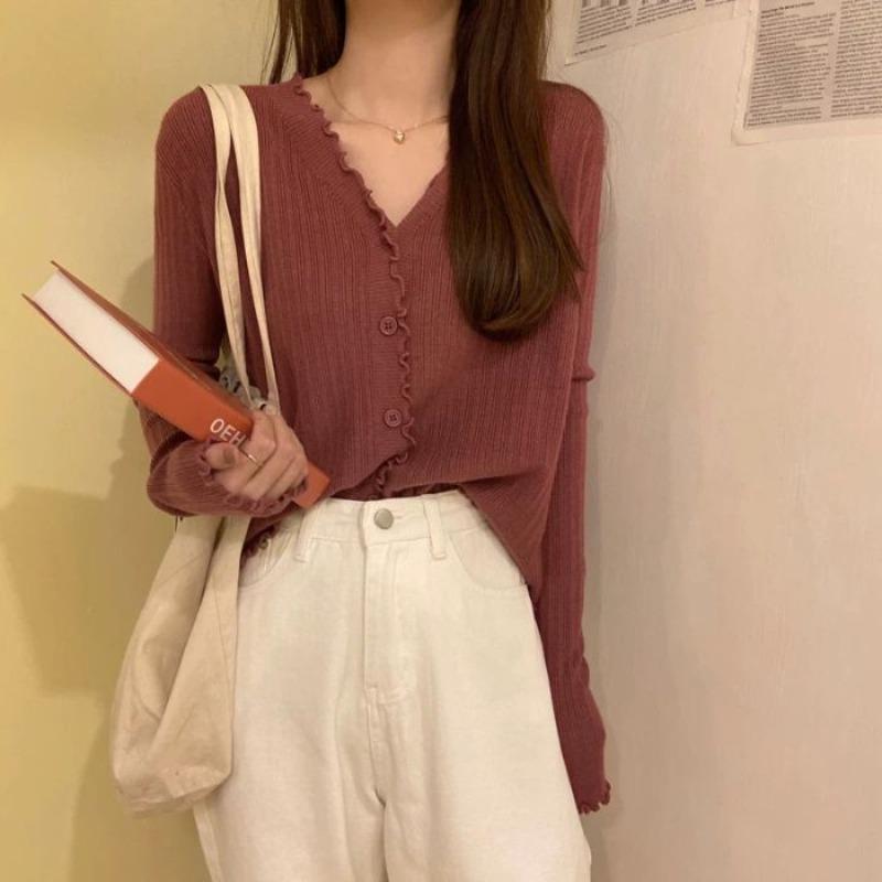 

Женский кардиган из трикотажа с V-образным вырезом и отделкой в виде грибов, новинка начала осени, однотонный, универсальный, маленькое пальто, свитер, весенний тренд average size [recommended 80-60 kg] фуксия