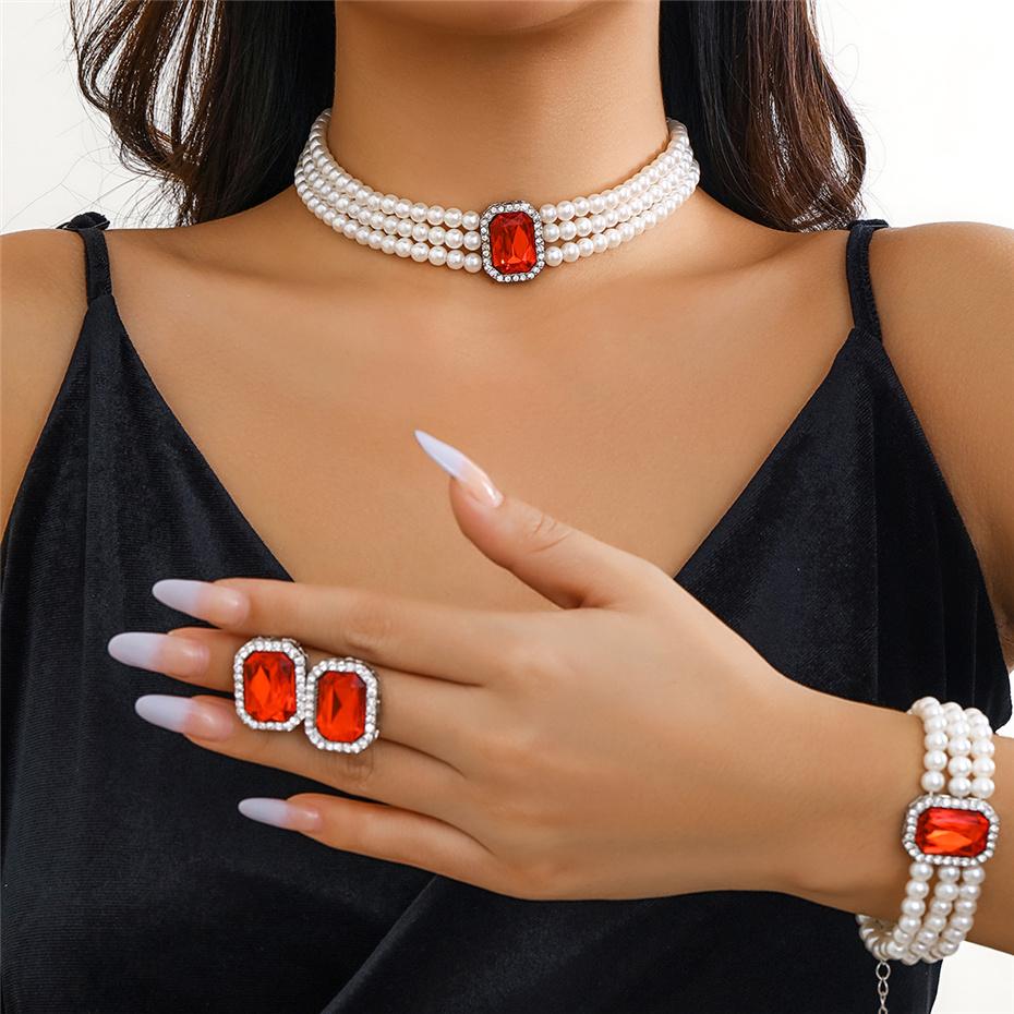 3Pcs/Set Multilayer Imitation Zircon Chain Necklace Bracelet for Women Wedding Bridal Goth Stud Earrings Zircon Set Accessories