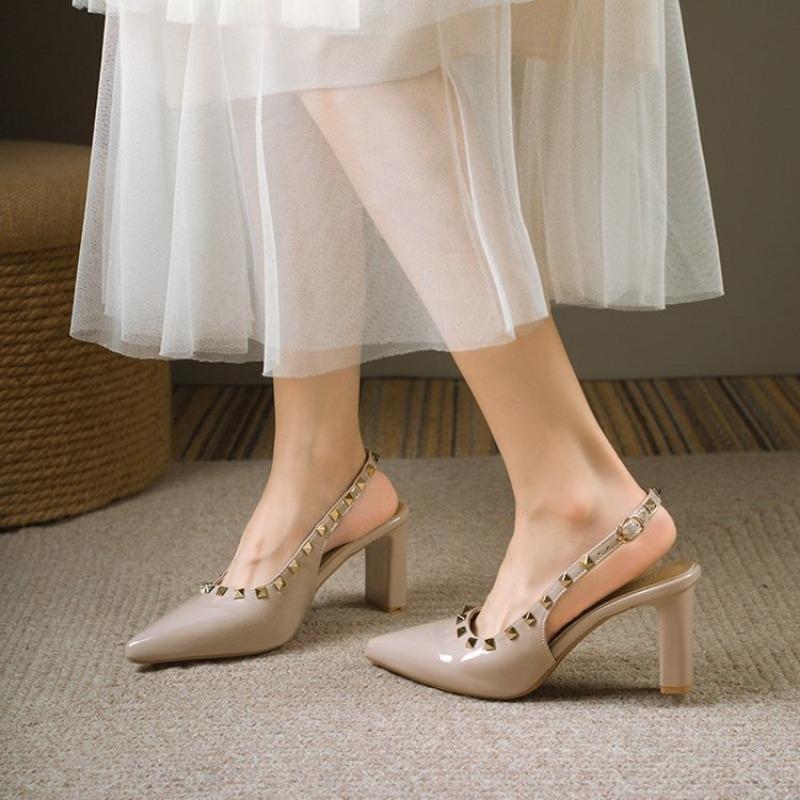 Temperament pointed high heels new buckle thick heel professional single shoes women's rivet high heel sandals