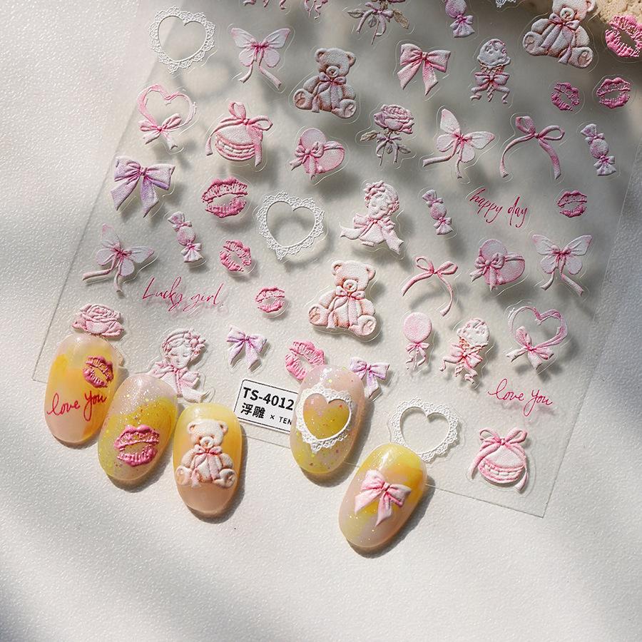 Magic Ferrite 5D Cherry Pink Embossed Nail Art 3D Romantic Frosted Thin Transparent Stickers TS-4012