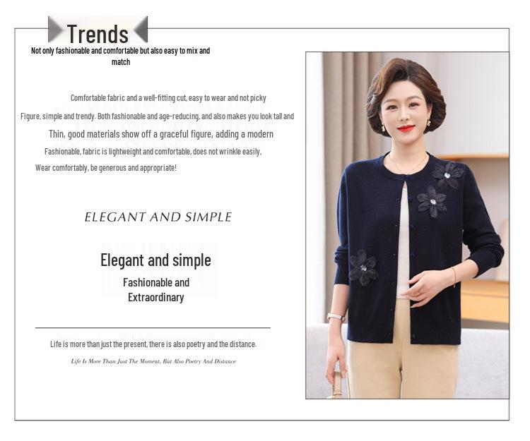 Embroidered Floral Knit Cardigan for Mothers: Stylish, Loose-Fit Wool Sweater Coat in Plus Sizes