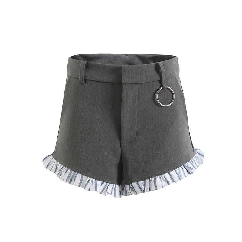 Chic Niche Design Loose Shoulder Short Sleeve T-shirt Contrast Color Stripes Lace Shorts Casual All-Match Suit