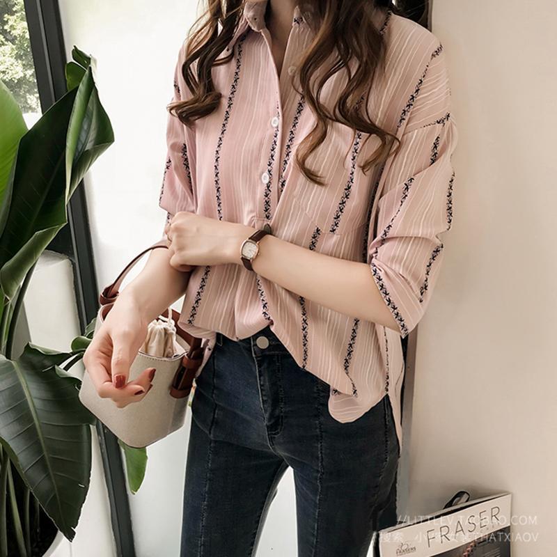 

Korean Female Casual Striped Printed Blouse Fashion Summer Commute 3/4 Sleeve All-match Polo-Neck Button Shirt Women s Clothing S рожевий
