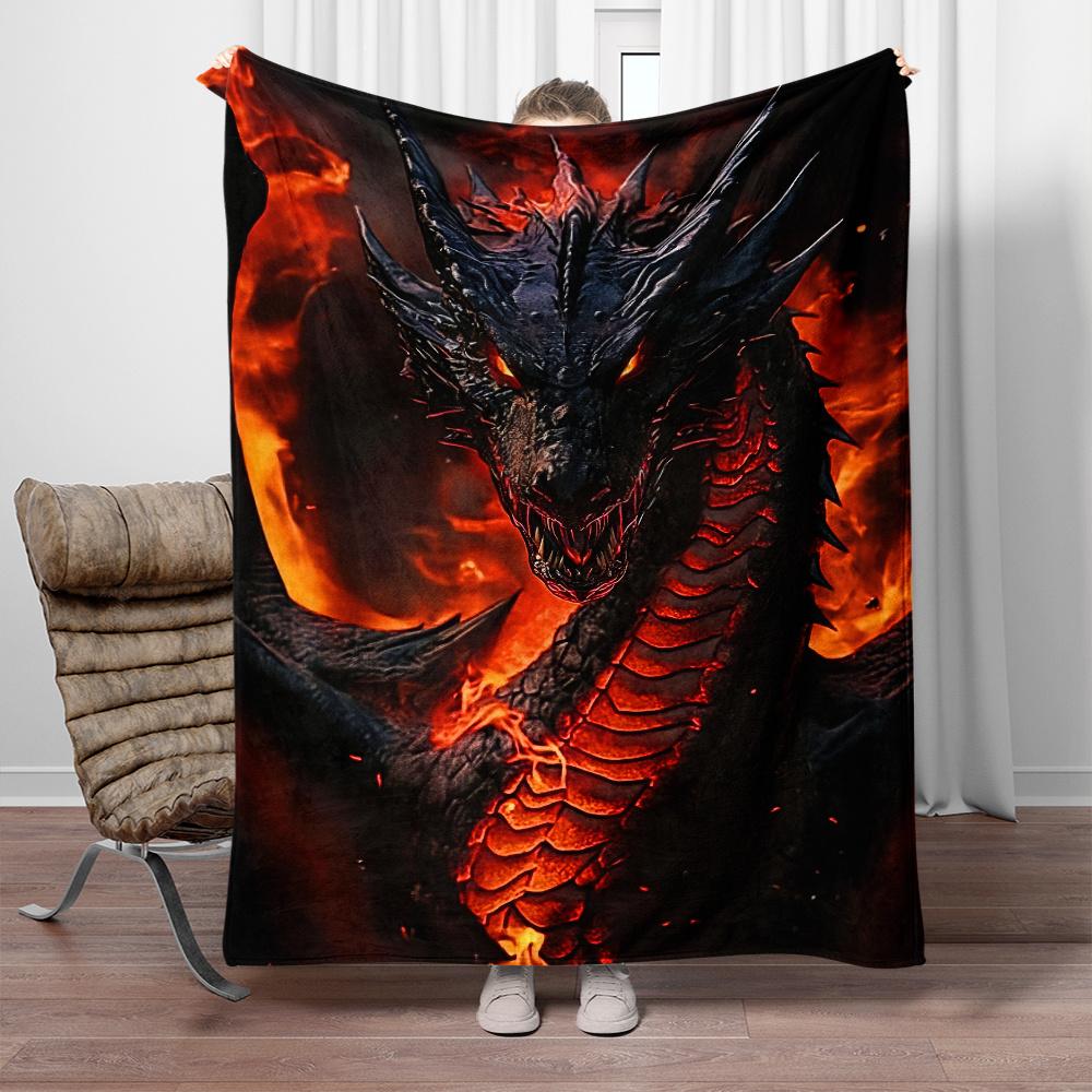 Fiery Dragon Art Print Decorative Throw Blanket for Sofa, Bed, Office, Camping, Travel, and Fantasy Theme Gift