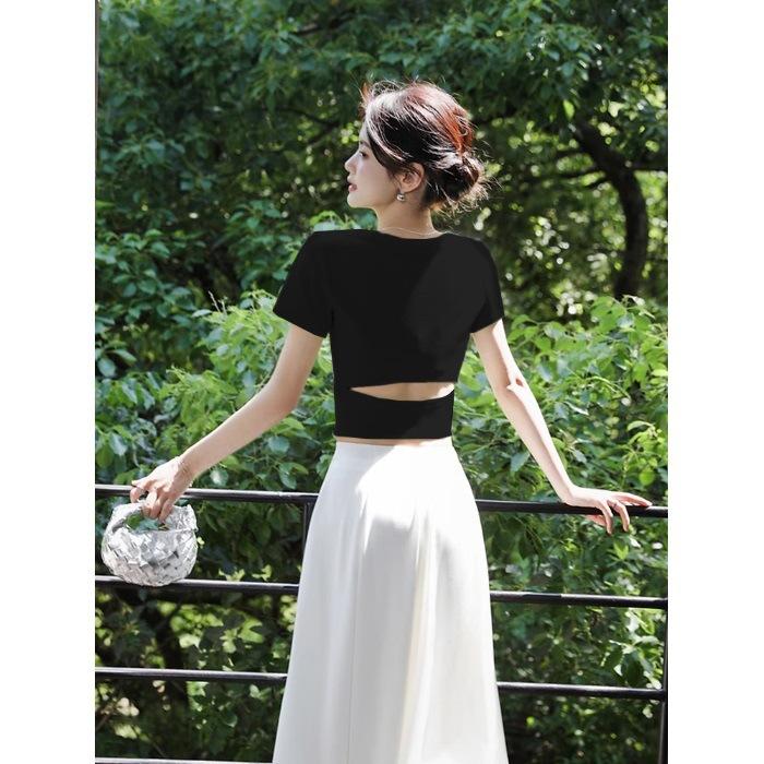 

Spice girl design scheming backless tight short-sleeved t-shirt women s summer new slim sexy top women s short ins S чёрный