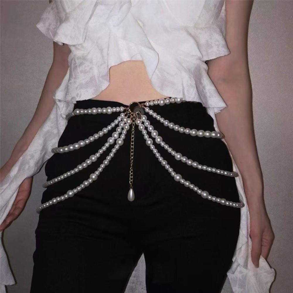 Golden Multilayer Body Chain Y2K Beadeds Body Chain Elegant Pearl Waist Chain Dress