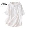 Women T-shirt Solid Color Hooded Buttons Half Placket Short Sleeve Short-sleeve Blouse Pullover Tops Drawstring Thin Loose Fit Regular